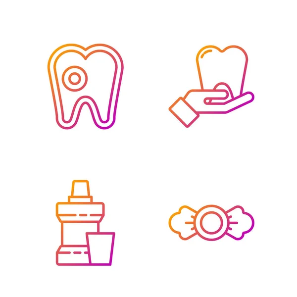 Set Süßigkeiten Mundspülplastikflasche Karies Und Zähne Farbverlauf Symbole Vektor — Stockvektor