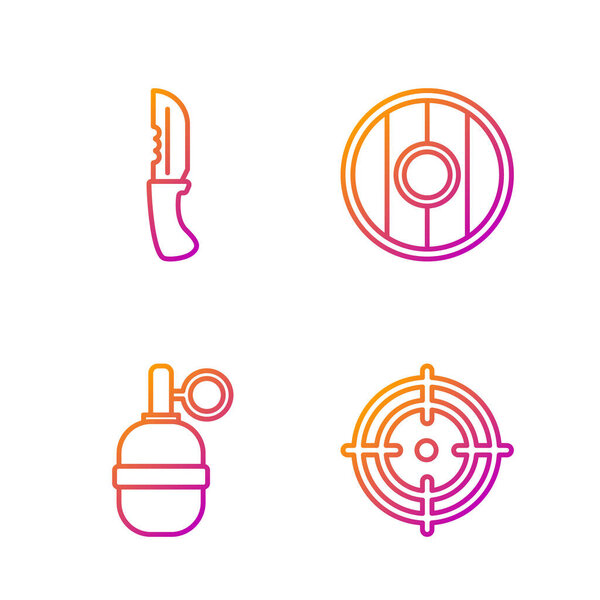 Set line Target sport, Hand grenade, Military knife and Round wooden shield. Gradient color icons. Vector