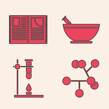 Molekül, Açık Kitap, Havan topu ve tokmak ve cam tüp deney tüpünü ısıtıcı ikonuna koyun. Vektör