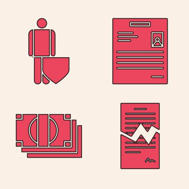 Yırtık kontrat, rozetli hayat sigortası, kişisel belge ve kağıt para ikonu. Vektör