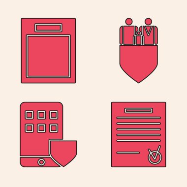 Onaylanmış belge ve onay damgası, boş form, kalkan ve akıllı telefon sigorta ikonu ile aile sigortası ayarlayın. Vektör