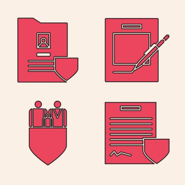 Kalkanla anlaşma, rozetle belge, boş defter, kalem ve kalkan ikonuyla aile sigortası ayarlayın. Vektör