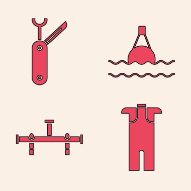 Dalgıç kıyafeti, İsviçre çakısı, denizde yüzen şamandıra ve Manifold ikonu. Vektör