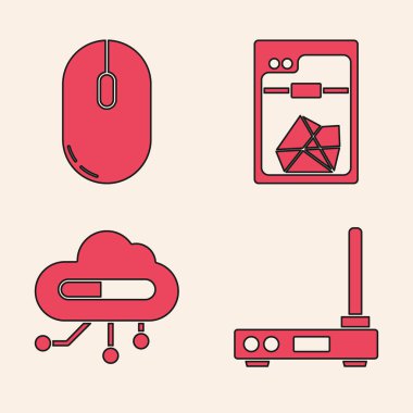 Yönlendirici ve kablosuz ağ sinyali, Bilgisayar faresi, 3D yazıcı ve nesnelerin İnternet simgesini ayarla. Vektör