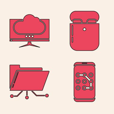 Mobil ve grafik şifre korumasını, bilgisayar monitörünü, hava kulaklıklarını kutuda ve klasörde ayarla ve simgeyi kilitle. Vektör