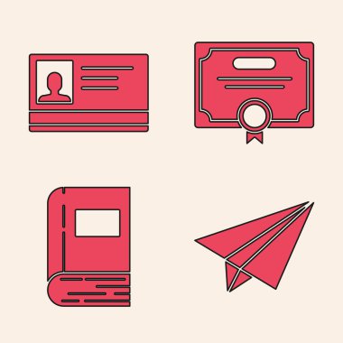 Kağıt uçak, kimlik kartı, sertifika şablonu ve kitap simgesini ayarla. Vektör