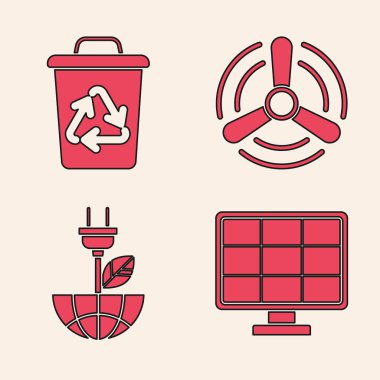 Güneş enerjisi panelini, geri dönüşüm sembollü geri dönüşüm kutusunu, rüzgar türbini ve elektrik tasarruf prizini yaprak simgesine ayarla. Vektör