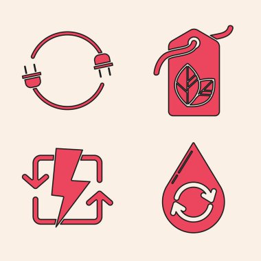 Temiz su, elektrik prizi, yaprak sembollü etiket ve yeniden şarj simgesini ayarlayın. Vektör