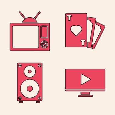 Çevrimiçi oyun videosu, televizyon, kalp sembolü ve Stereo hoparlör simgesi ile kart oynama. Vektör