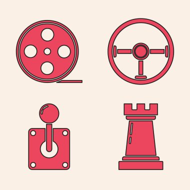 Satranç sembolü, film makarası, direksiyon ve oyun makinesi simgesi için Joystick ayarlayın. Vektör