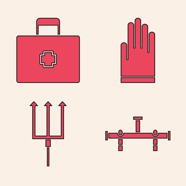 Set Manifold First Aid Kit Gloves Neptune Trident Icon Vector — Stock Vector