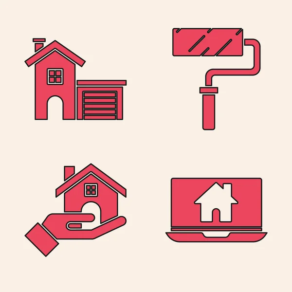 Conjunto Ordenador Portátil Hogar Inteligente Casa Pincel Rodillo Pintura Icono — Vector de stock