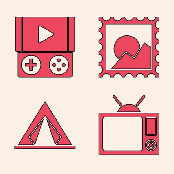 Set Television, Portable video game console, Picture landscape and Tourist tent icon. Vector