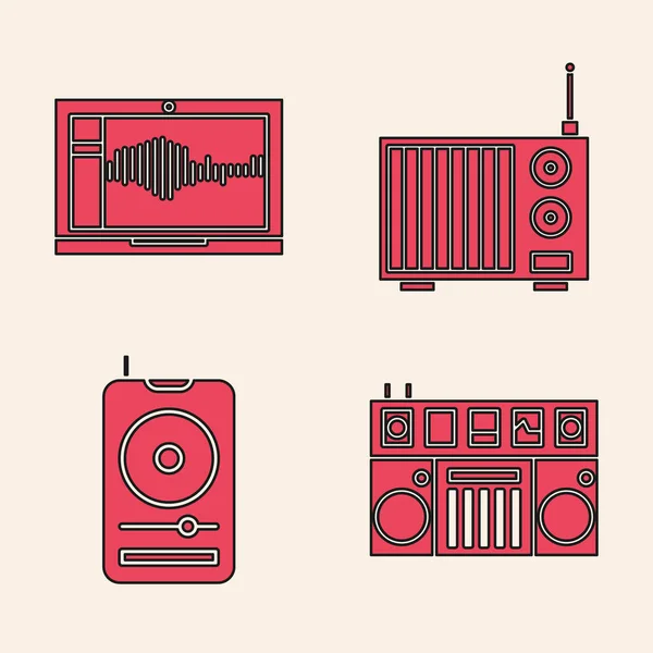 Set Remote Playing Mixing Music Sound Audio Recorder Laptop Radio — Stock Vector