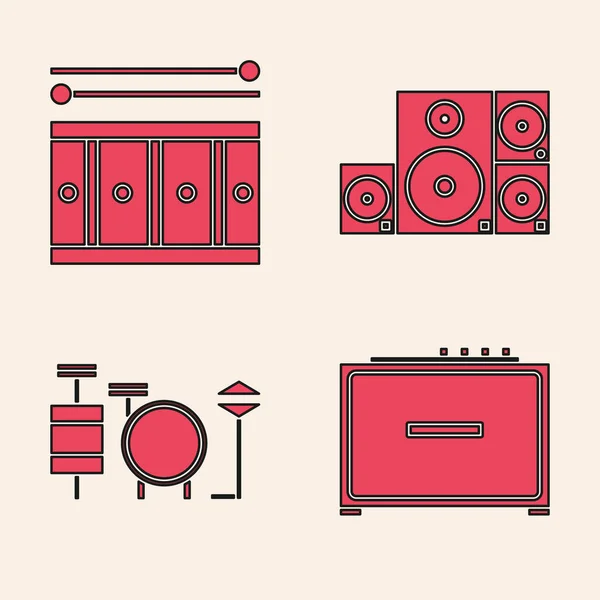 Set Guitar Amplifier Drum Drum Sticks Stereo Speaker Drums Icon — Stock Vector