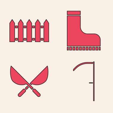 Tırpan, bahçe çiti ahşabı, su geçirmez lastik bot ve bahçe yapımı el yapımı makas simgesi. Vektör