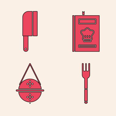 Fork, Meat Chopper, Cookbook ve Ball çay süzgeci ikonu. Vektör