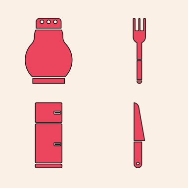 Bıçak, tuz ve biber, çatal ve buzdolabı ikonu. Vektör