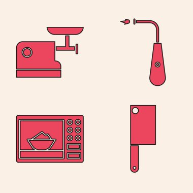 Et doğrayıcı, mutfak kıyma makinesi, uzun elektrik çakmağı ve mikrodalga fırın ikonu. Vektör