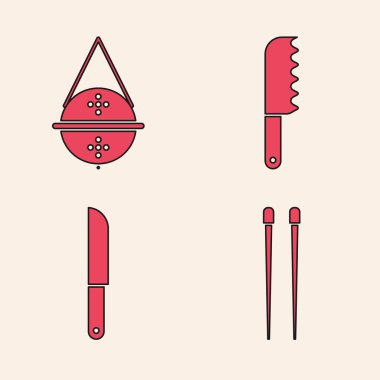 Yemek çubukları, çay süzgeci, ekmek bıçağı ve bıçak ikonu. Vektör