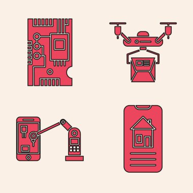 Smart Home, Electronic bilgisayar parçaları dijital çip, Drone dağıtım konsepti ve endüstriyel makine robot kolu ikonu. Vektör