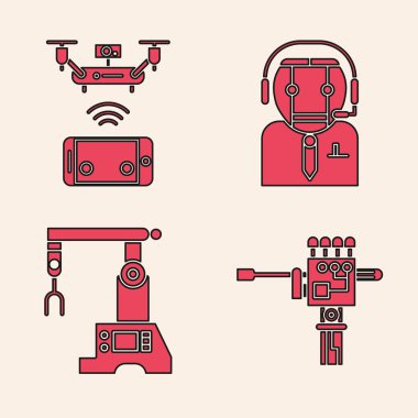 Mekanik robot el ve tornavida, uzaktan kumandalı hava aracı, işçi robot ve montaj hattı simgesini ayarla. Vektör