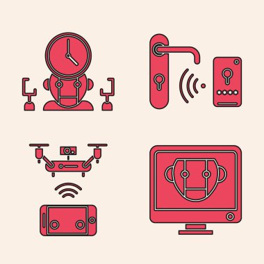 Robot, Robot ve Dijital Zaman Yöneticisi 'ni ayarla. Kablosuz kapı kilidi ve uzaktan kumandalı hava aracı ikonu. Vektör