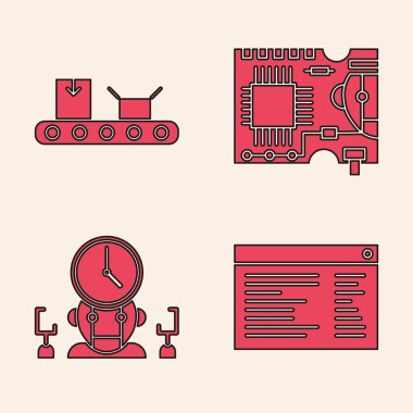 Yazılım, web geliştirici programlama kodu, karton kutulu taşıma bandı, basılı devre kartı Pcb ve Robot ve dijital zaman yöneticisi simgesi. Vektör