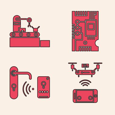 Uzaktan kumandalı hava aracı, fabrika taşıma sistemi bandı, elektronik bilgisayar parçaları ana kart dijital çip ve kablosuz kablosuz anahtar teknolojisiyle dijital kapı kilidini ayarlayın. Vektör