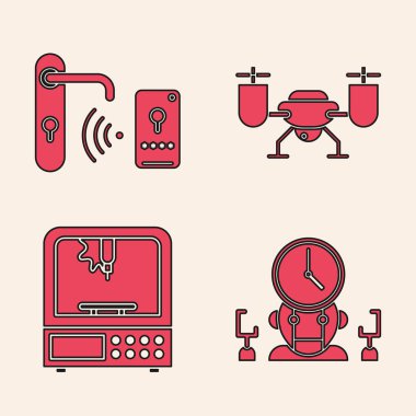 Robot ve dijital zaman yöneticisini kilidi açmak için kablosuz teknolojiye sahip dijital kapı kilidini, aksiyon kameralı İHA 'yı ve 3D yazıcı simgesini ayarla. Vektör