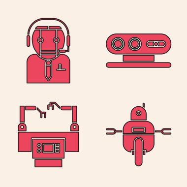 Robot, İşçi robotu, 3D tarama sistemi ve Assembly çizgi simgesini ayarla. Vektör