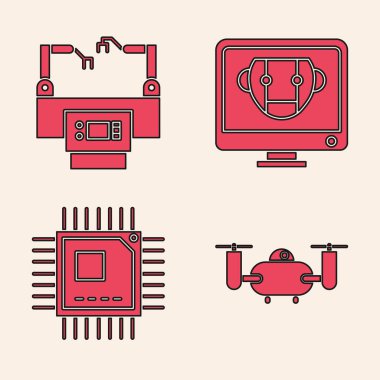 Drone 'u hareket kamerası, Assembly line, Bot and Processor' u mikro devre işlemci simgesi ile ayarla. Vektör