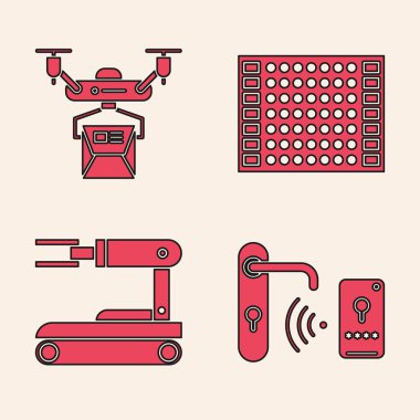 Dijital kapı kilidini açmak için kablosuz teknolojiye, İHA dağıtım konseptine, basılı devre kartı Pcb ve robot simgesine ayarlayın. Vektör