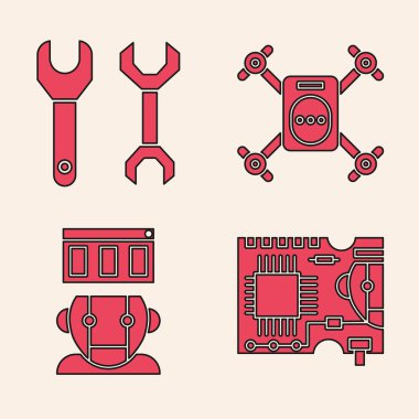 Baskılı devre kartı Pcb, Spanner, İHA, aksiyon kamerası ve robot simgesi ile uçuyor. Vektör