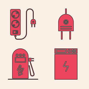 Elektrik bankası, elektrik uzatma kablosu, elektrik prizi ve elektrik araba şarj istasyonu simgesi. Vektör