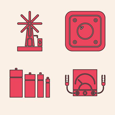 Ampere ölçer, multimetre, voltmetre, rüzgar türbini, elektrik düğmesi ve pil simgesini ayarla. Vektör