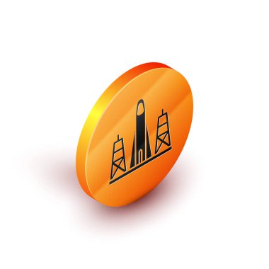 Isometric Rocket beyaz arkaplanda izole edilmiş uzay simgesinden fırlatılıyor. Uzaya roket fırlatın. Turuncu daire düğmesi. Vektör İllüstrasyonu