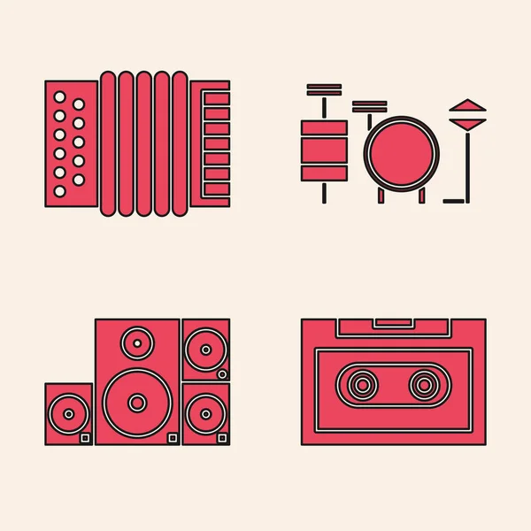 Set Retro Audio Cassette Tape Musical Instrument Accordion Drums Stereo — Stock Vector