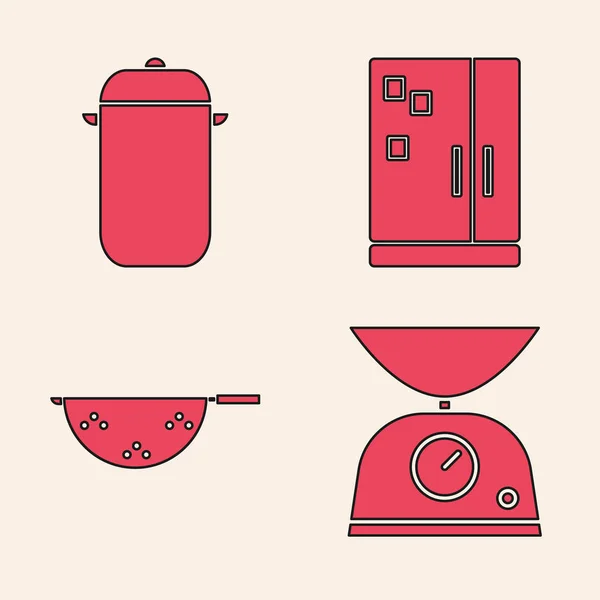 Set Scales Cooking Pot Refrigerator Kitchen Colander Icon Vector — 스톡 벡터