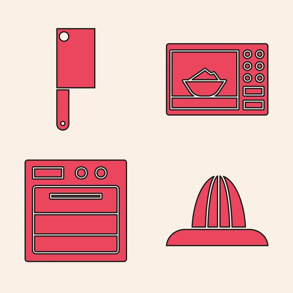 设置柑橘类果汁 肉类斩波 微波炉和烤箱图标 — 图库矢量图片
