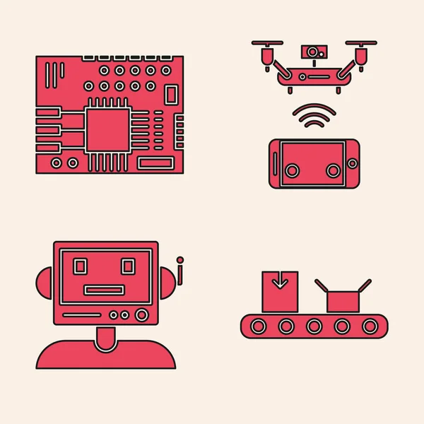 段ボール箱 プリント基板Pcb リモート空中ドローン ロボットアイコンでコンベアベルトを設定します ベクトル — ストックベクタ