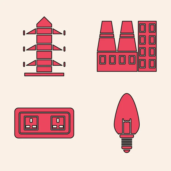 Set Glühbirne Hochspannungsleitung Kraftwerk Und Fabrik Und Steckdose Symbol Vektor — Stockvektor