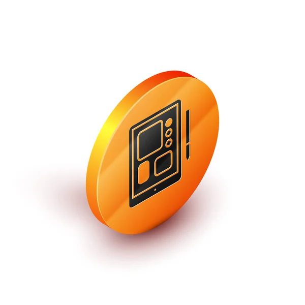 Isometrica Icona Grafica Tablet Isolato Sfondo Bianco Pulsante Cerchio Arancione — Vettoriale Stock