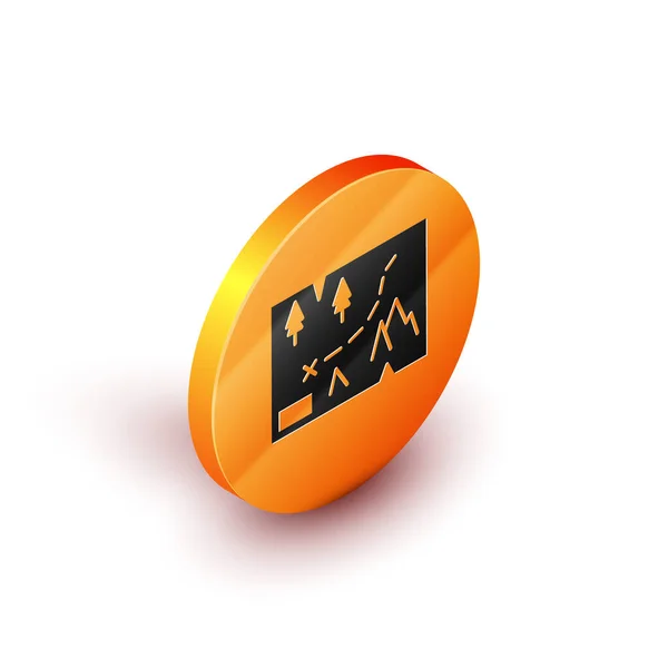 Isometrische Faltkarte Mit Ortsmarkierungssymbol Auf Weißem Hintergrund Orange Kreis Taste — Stockvektor