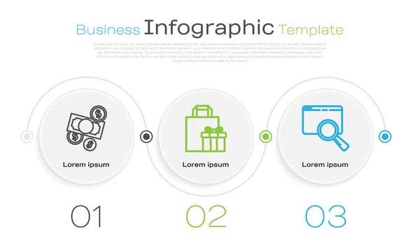 设置行现金和硬币 礼品盒和搜索在浏览器窗口 业务信息模板 — 图库矢量图片