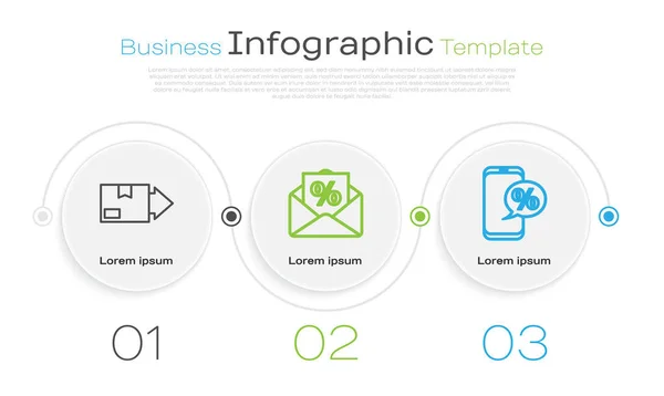 設定ラインカートン段ボール箱 金利割引とエンベロープとパーセント割引と電話 ビジネスインフォグラフィックテンプレート ベクトル — ストックベクタ