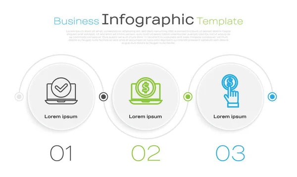 Set Line Laptop Laptop Mit Dollar Und Handmünze Geschäftsinfografische Vorlage — Stockvektor