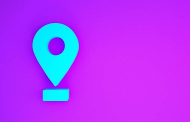 Mavi Harita iğne simgesi mor arkaplanda izole edildi. Navigasyon, işaret, konum, harita, GPS, yön, yer, pusula, arama konsepti. Minimalizm kavramı. 3d illüstrasyon 3B canlandırma