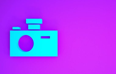 Mor arkaplanda mavi fotoğraf makinesi simgesi izole edildi. Fotoğraf makinesi simgesi. Minimalizm kavramı. 3d illüstrasyon 3B canlandırma