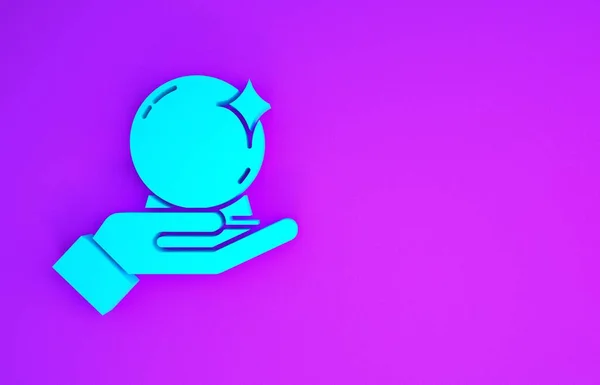 紫色の背景に隔離された手のアイコン上のブルーマジックボール クリスタルボール 最小限の概念 3Dイラスト3Dレンダリング — ストック写真